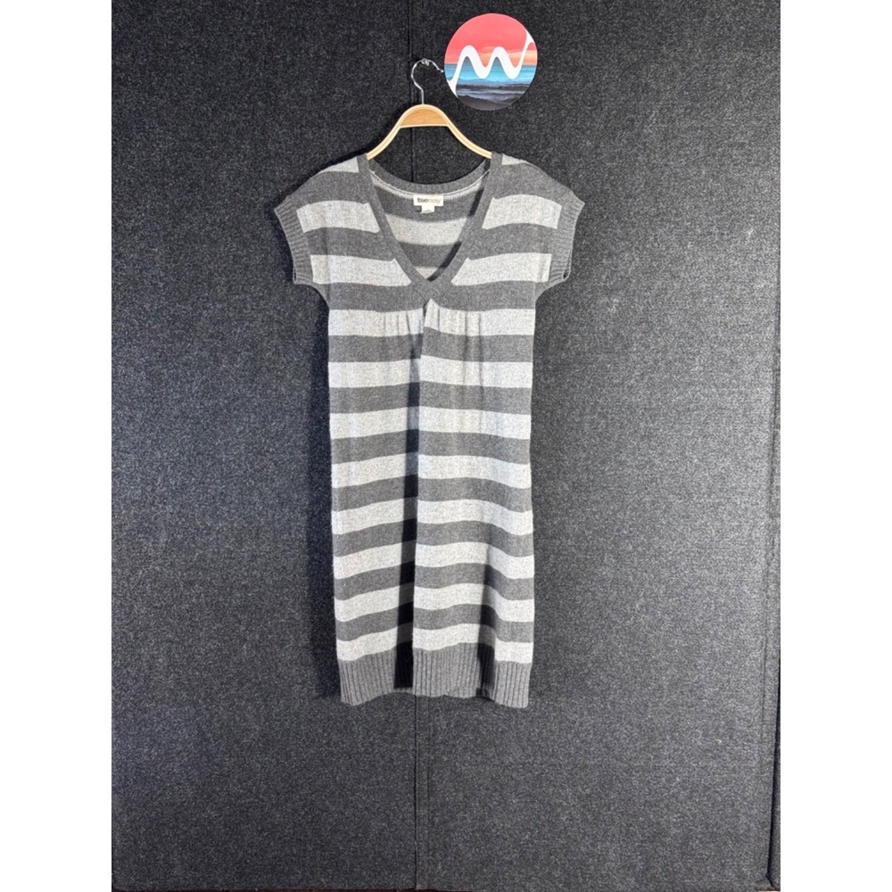 Tsesay Cashmere Blend Sweater Dress Womens L Gray Striped V Neck Tunic Mini Knit